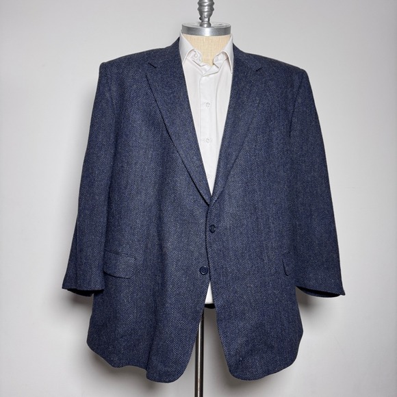 Tallia Uomo Blazer Mens 56 Long Blue Herringbone Wool 2 Button Sport Coat Italy